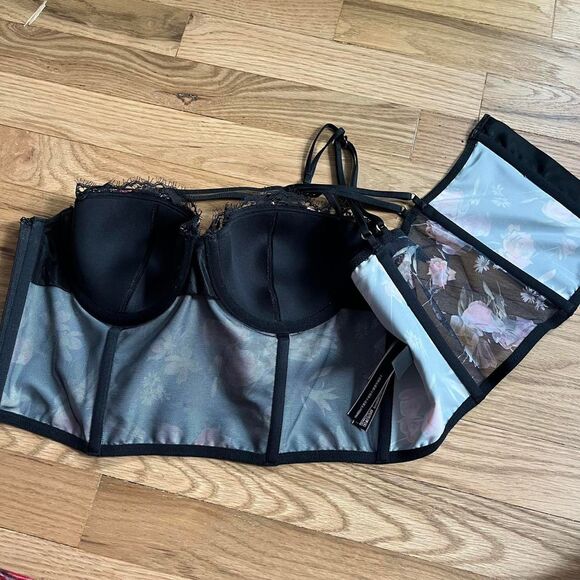 Victorias Secret Very Sexy Lightly Lined Bra Satin Bustier Top Black& Floral 34C - Picture 3 of 6